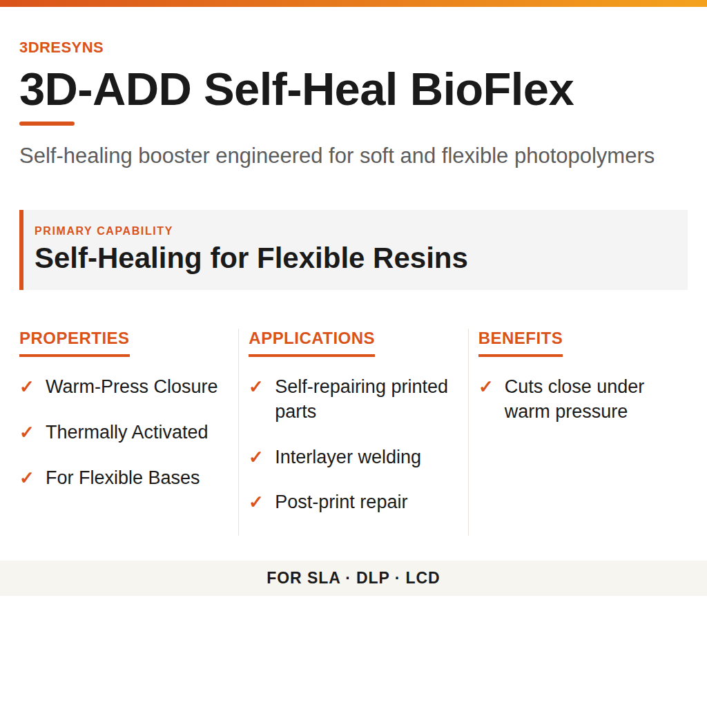 3D-ADD Self-Heal BioFlex technical product information card by 3Dresyns