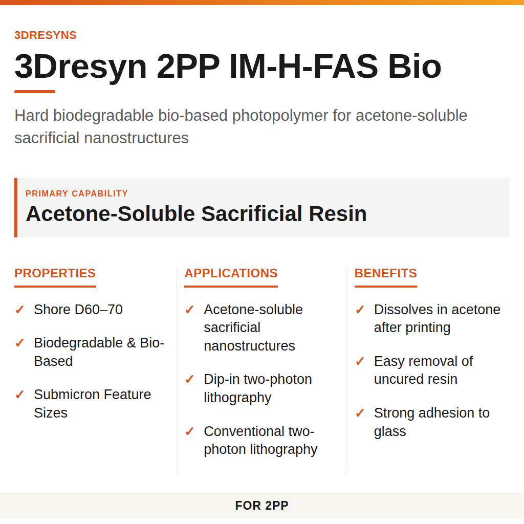 3Dresyn 2PP IM-H-FAS Bio technical product information card by 3Dresyns
