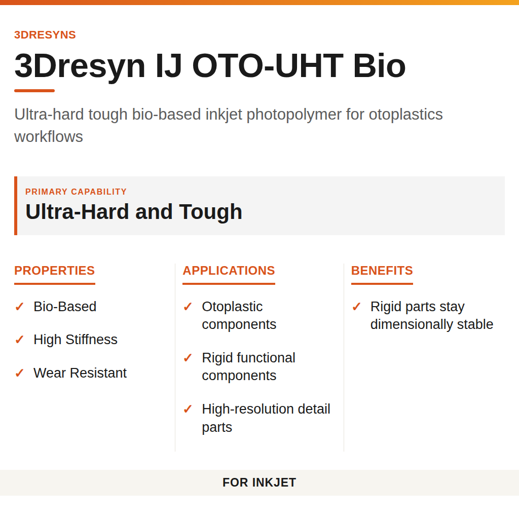 3Dresyn IJ OTO-UHT Bio technical product information card by 3Dresyns