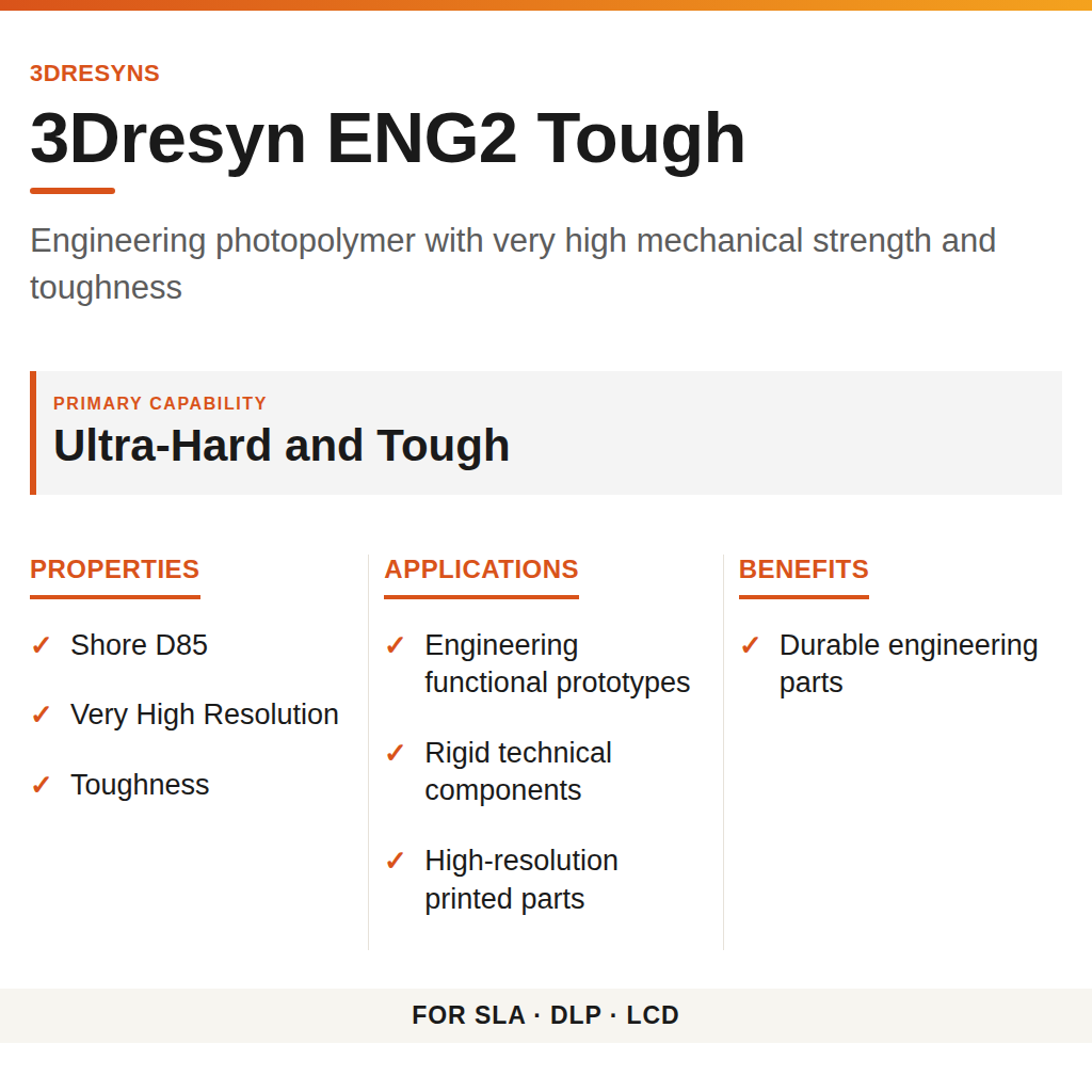 3Dresyn ENG2 Tough technical product information card by 3Dresyns