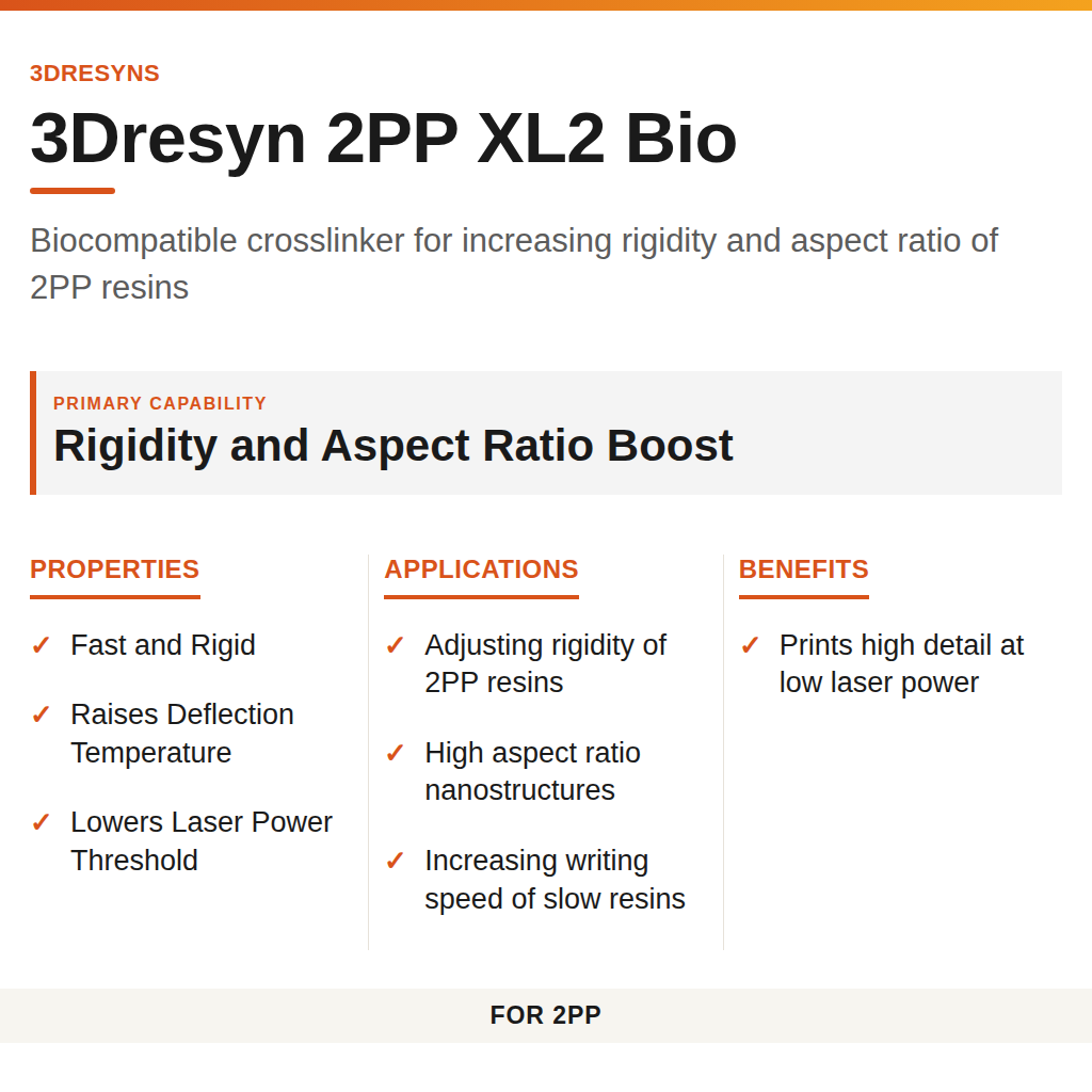 3Dresyn 2PP XL2 Bio technical product information card by 3Dresyns