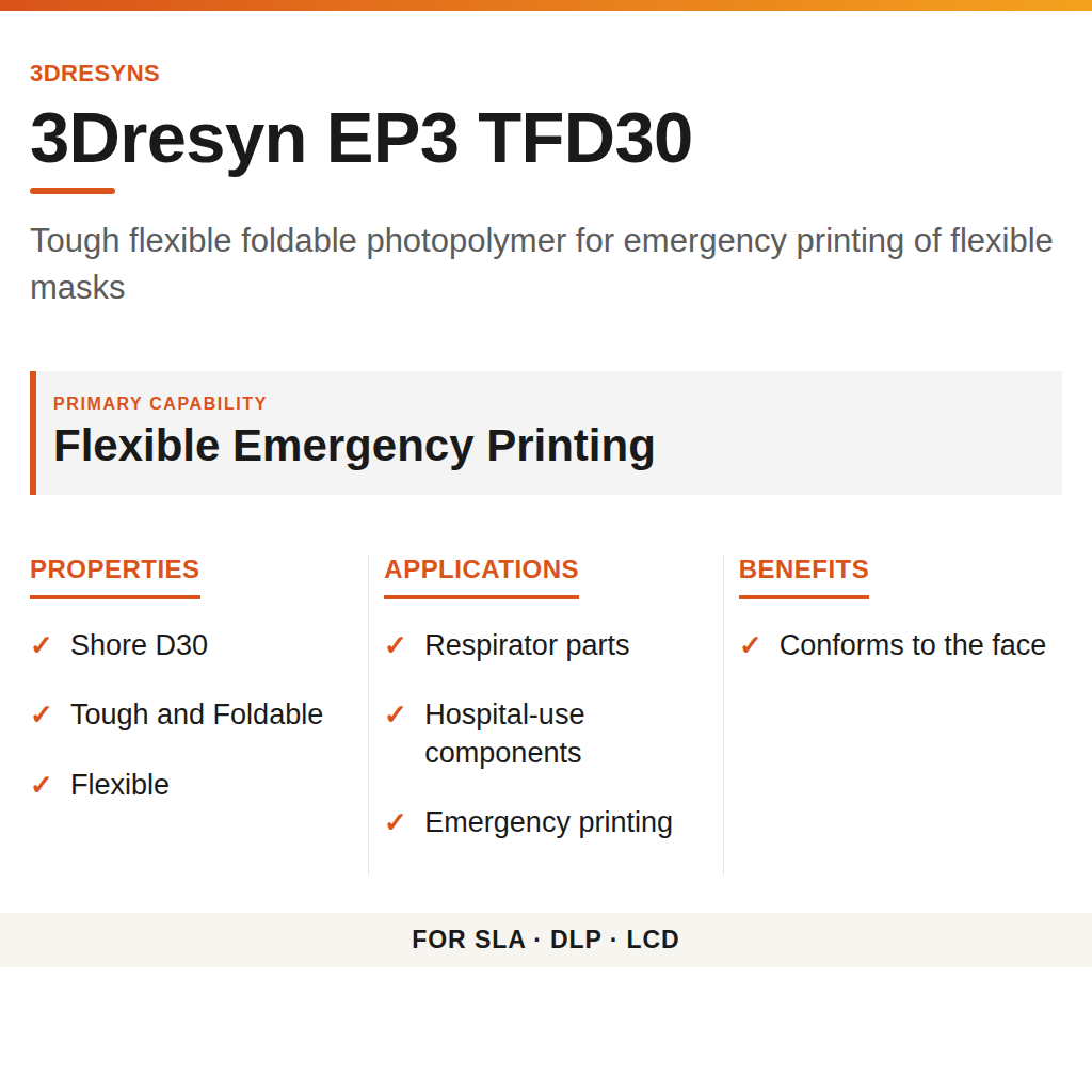 3Dresyn EP3 TFD30 technical product information card by 3Dresyns