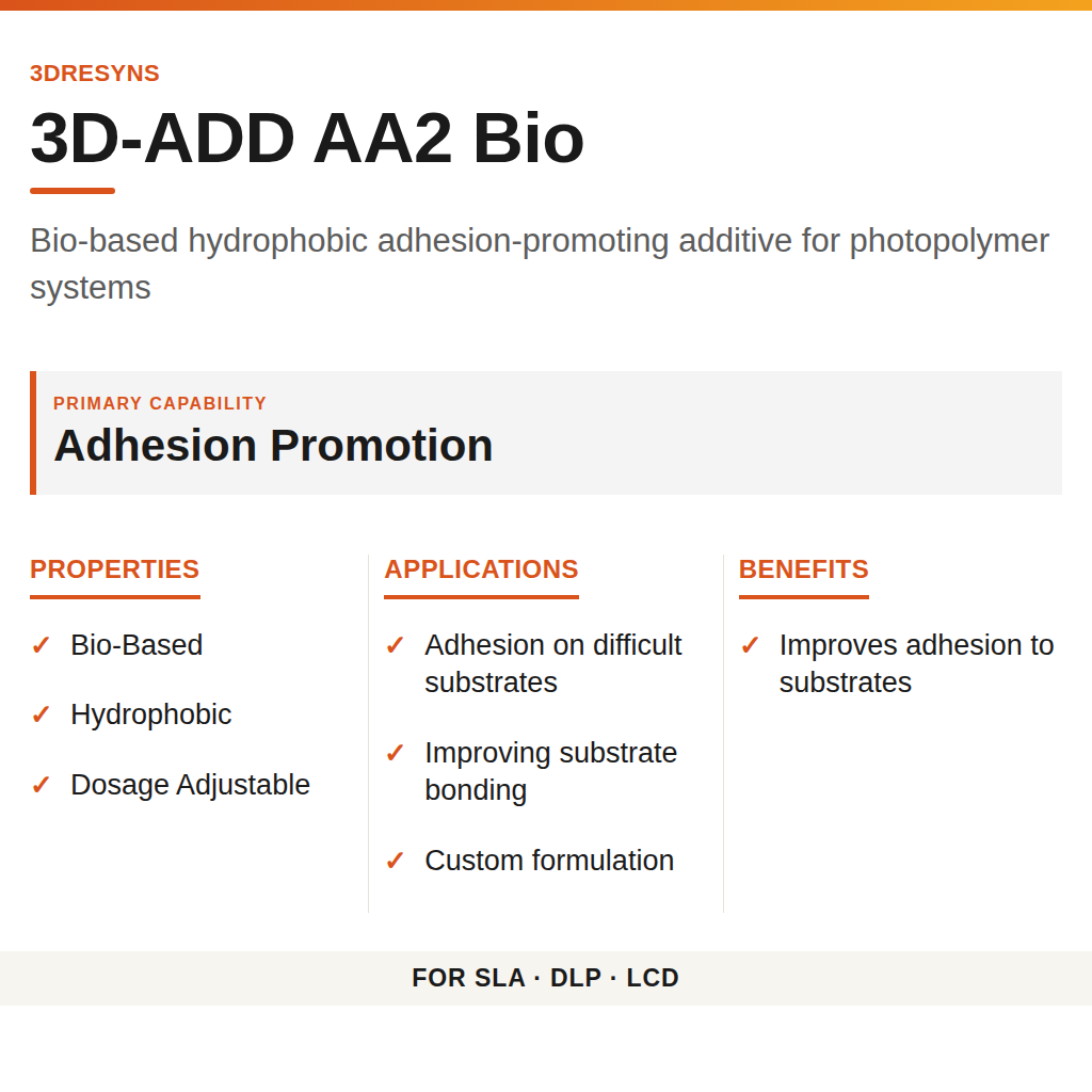 3D-ADD AA2 Bio technical product information card by 3Dresyns