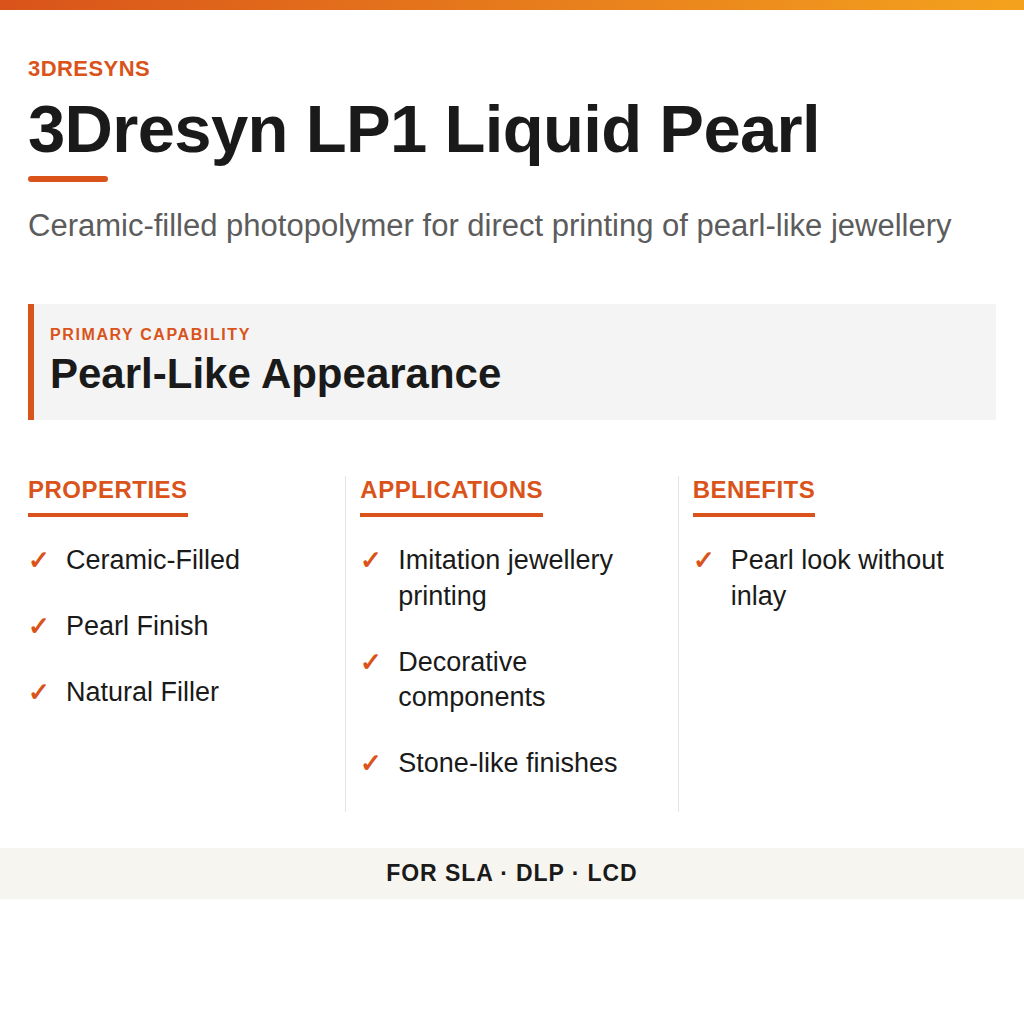 3Dresyn LP1 Liquid Pearl technical product information card by 3Dresyns