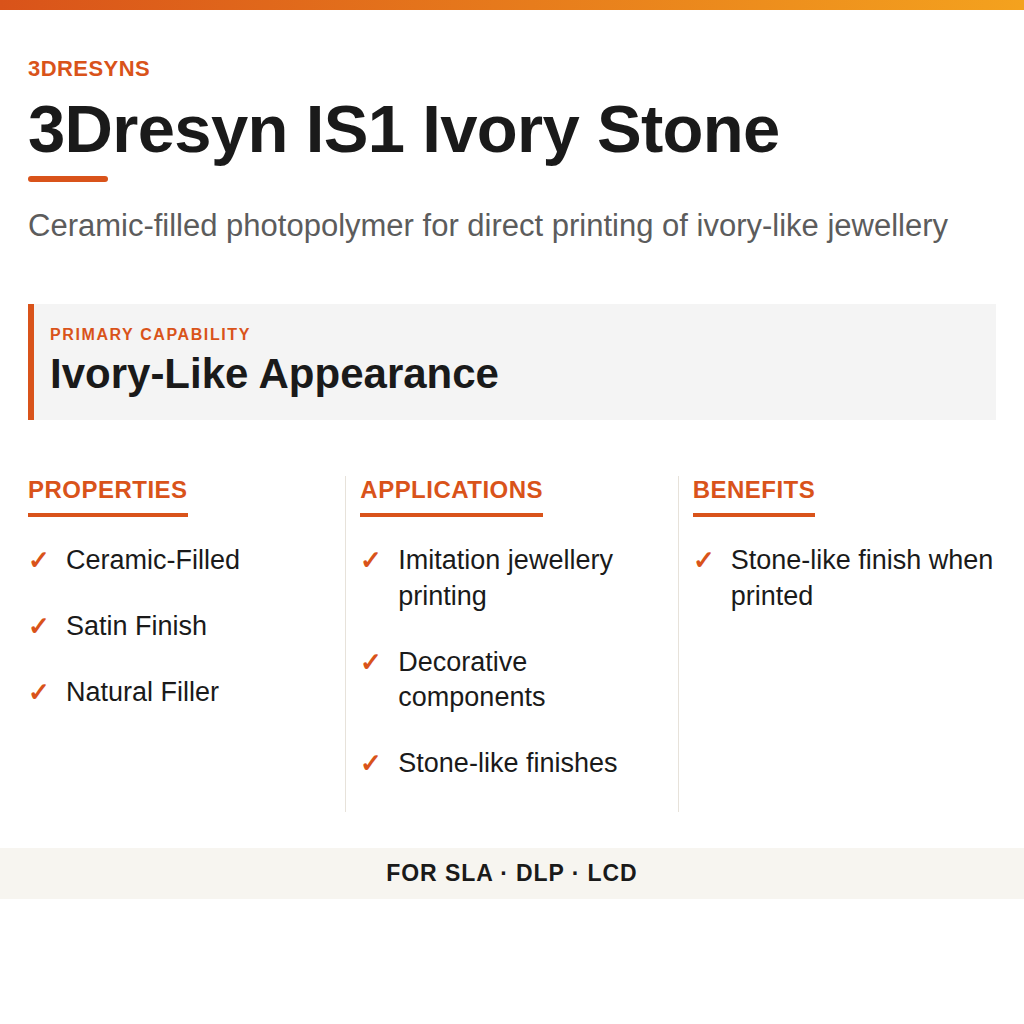 3Dresyn IS1 Ivory Stone technical product information card by 3Dresyns