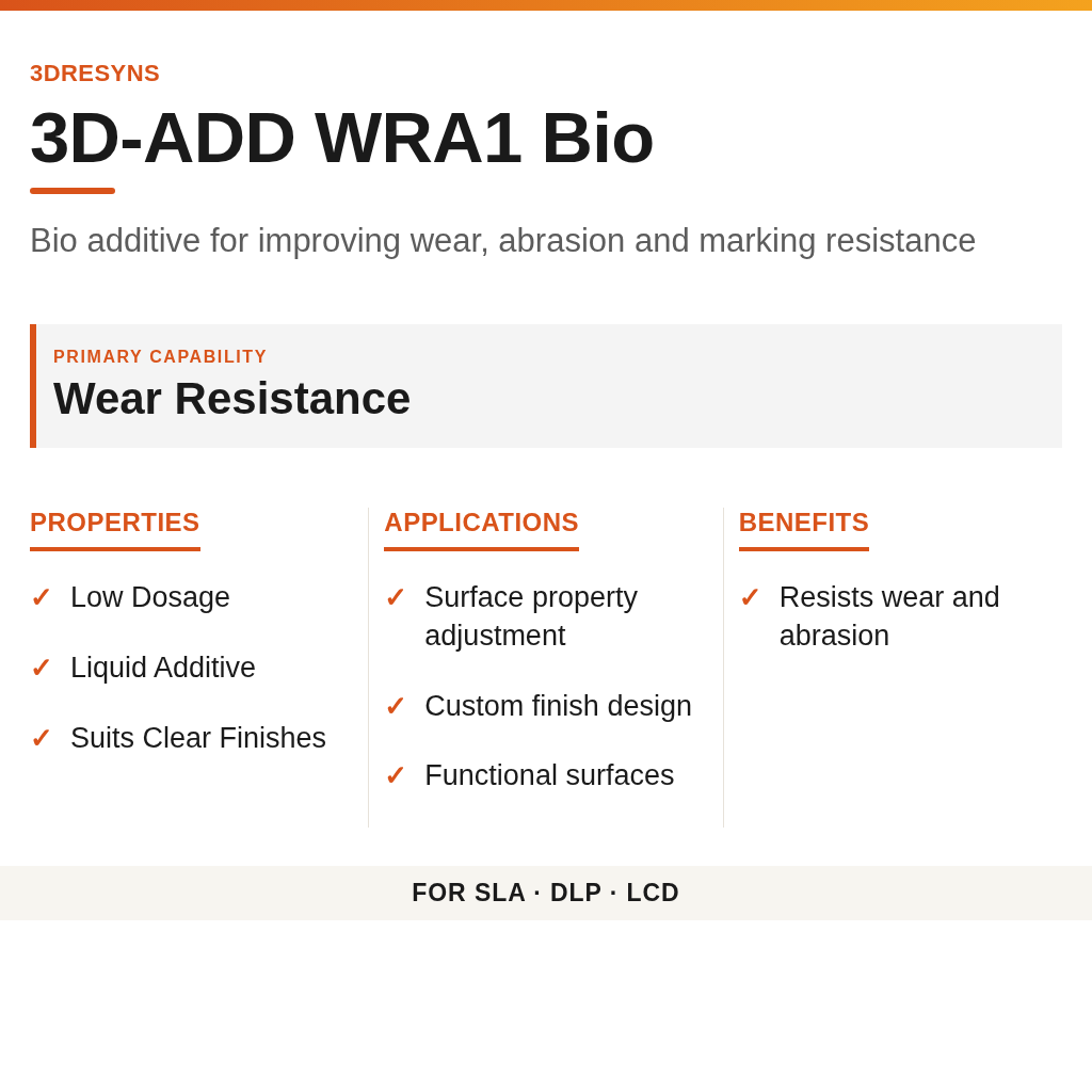 3D-ADD WRA1 Bio technical product information card by 3Dresyns