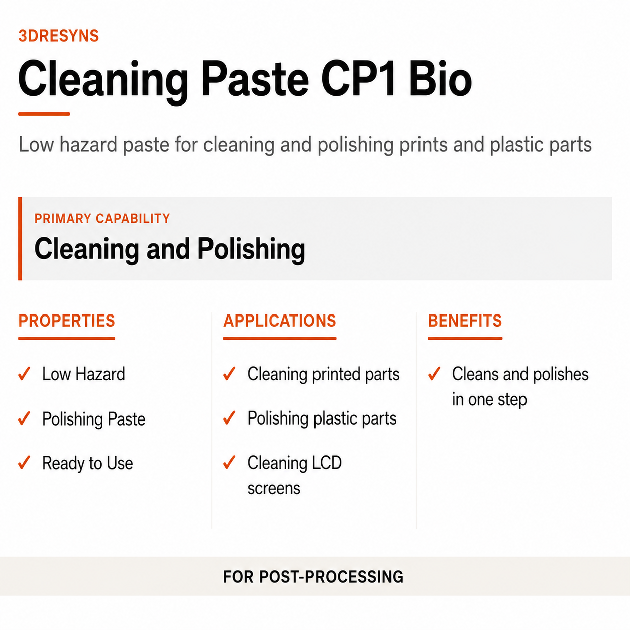 Cleaning Paste CP1 Bio technical product information card by 3Dresyns