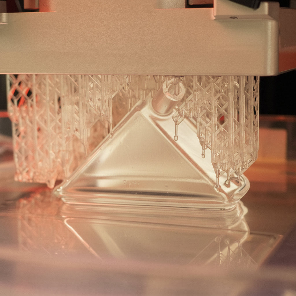 A close-up of a 3D printer printing a transparent, geometric plastic object on a transparent build plate, with warm light reflecting off the clear material.
