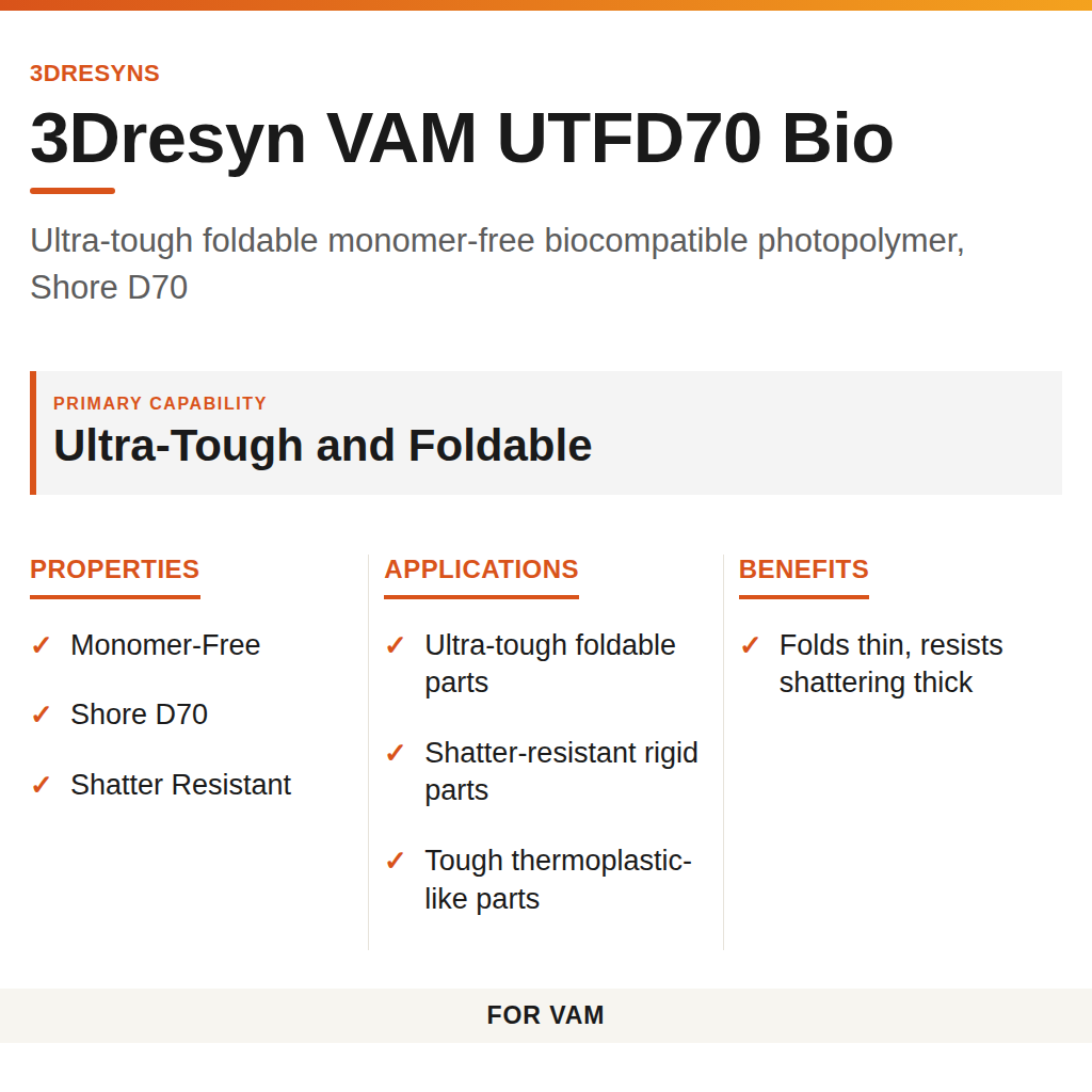 3Dresyn VAM UTFD70 Bio technical product information card by 3Dresyns