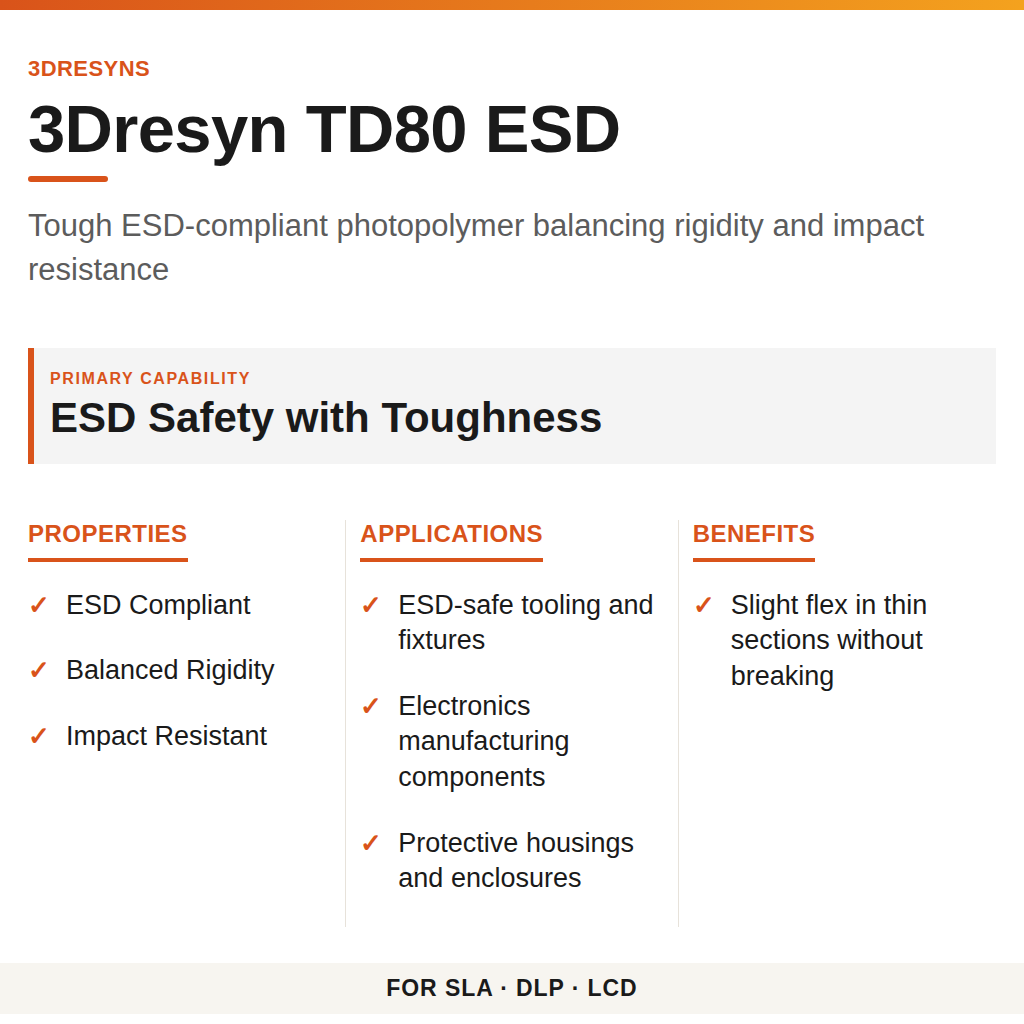 3Dresyn TD80 ESD technical product information card by 3Dresyns
