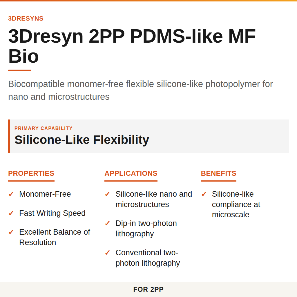 3Dresyn 2PP PDMS-like MF Bio technical product information card by 3Dresyns