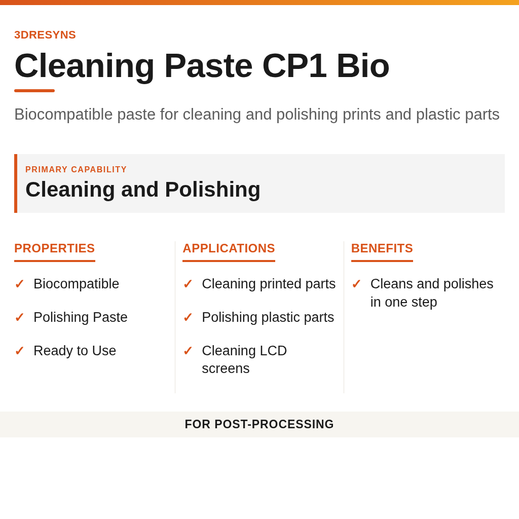 Cleaning Paste CP1 Bio technical product information card by 3Dresyns
