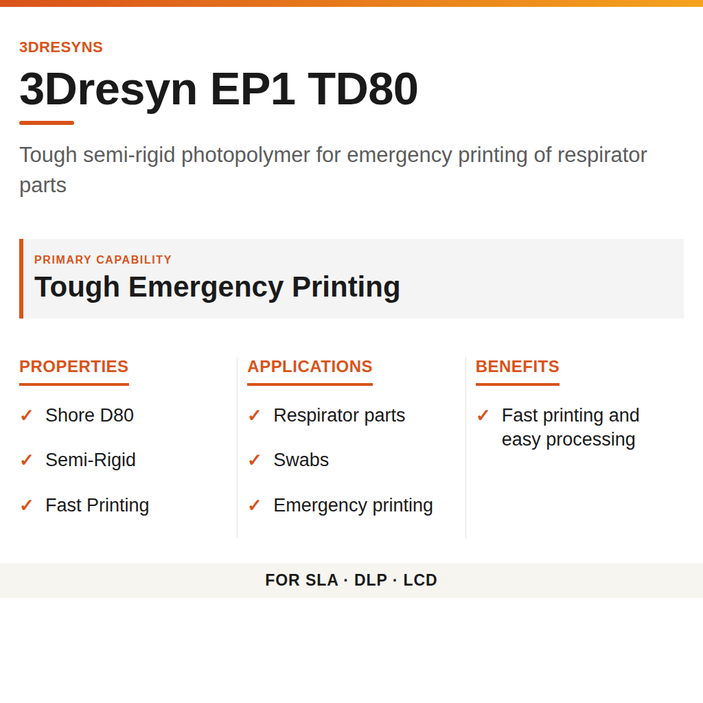 3Dresyn EP1 TD80 technical product information card by 3Dresyns