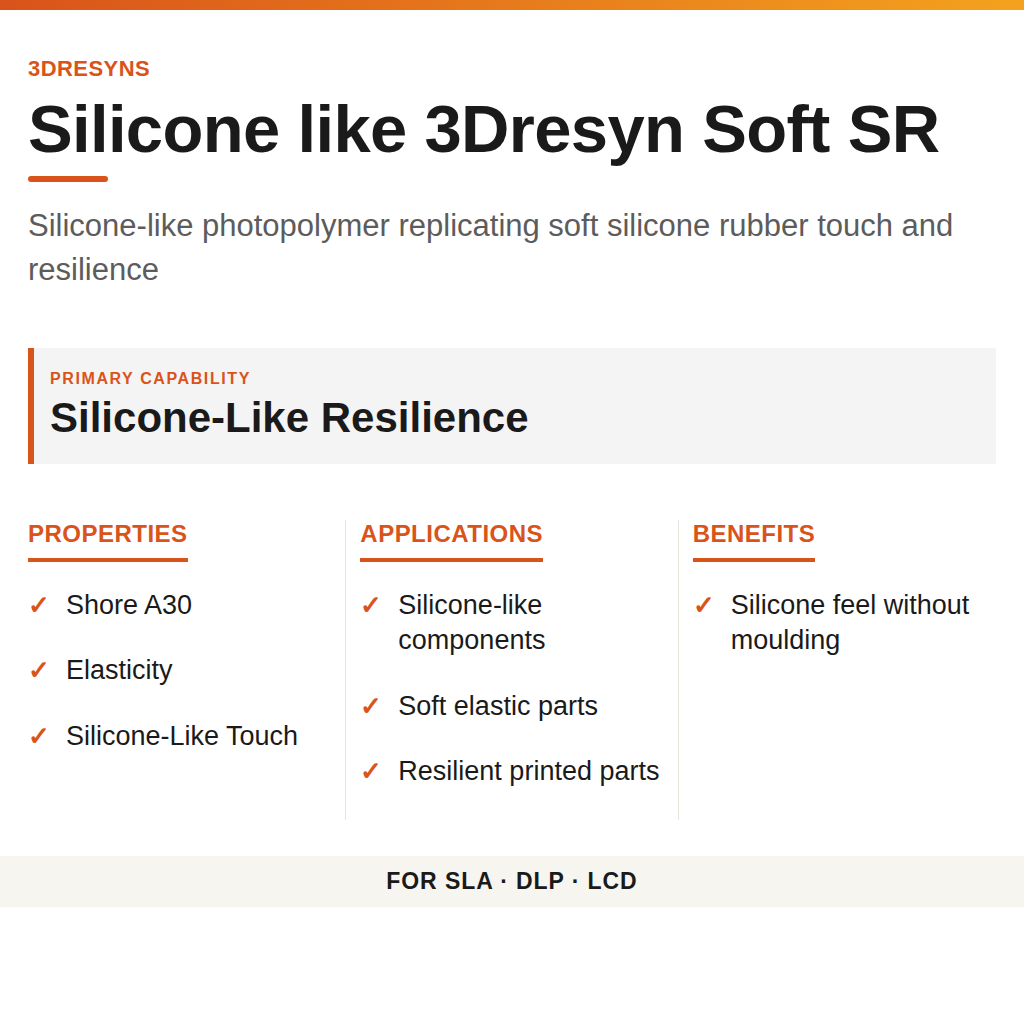 Silicone like 3Dresyn Soft SR technical product information card by 3Dresyns