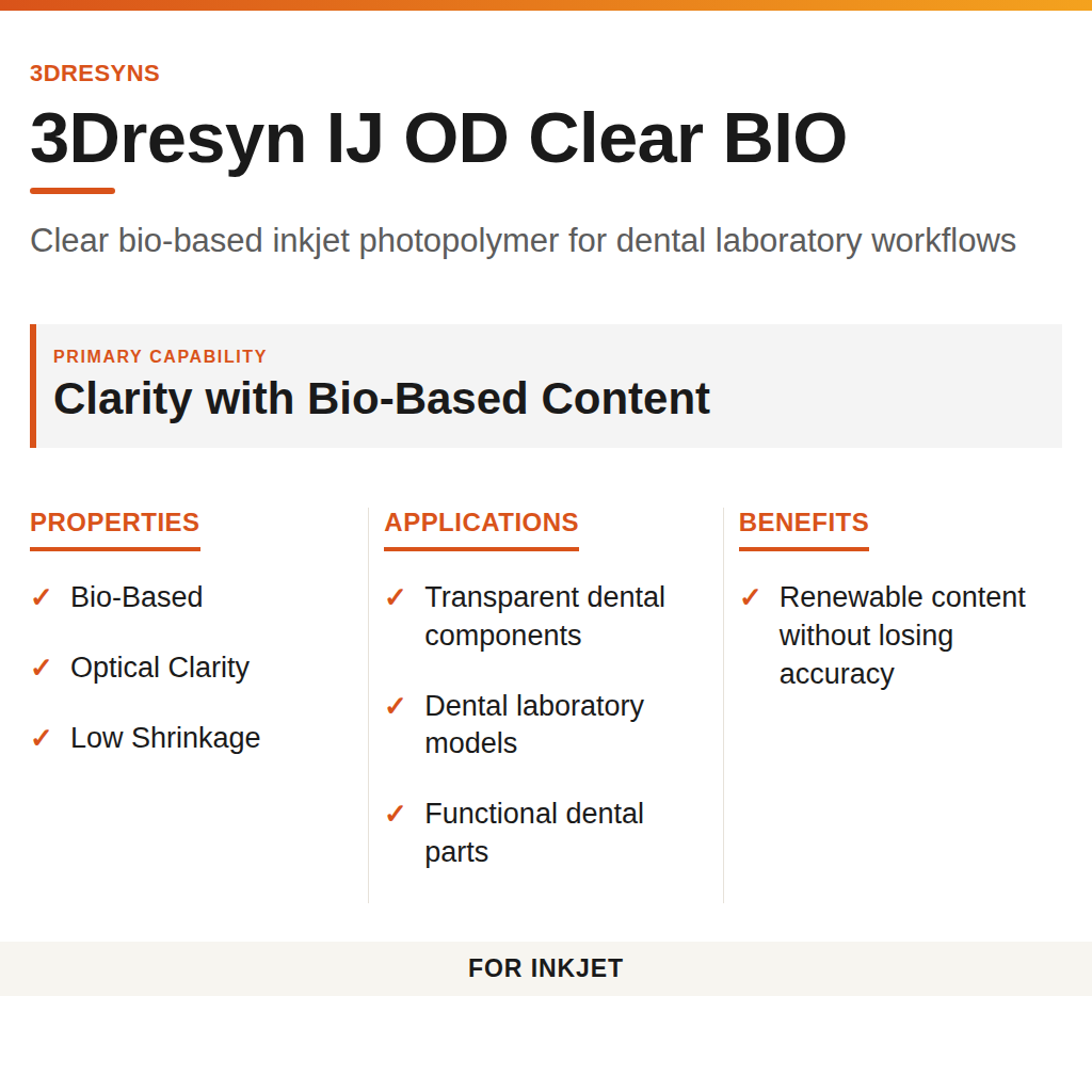 3Dresyn IJ OD Clear BIO technical product information card by 3Dresyns