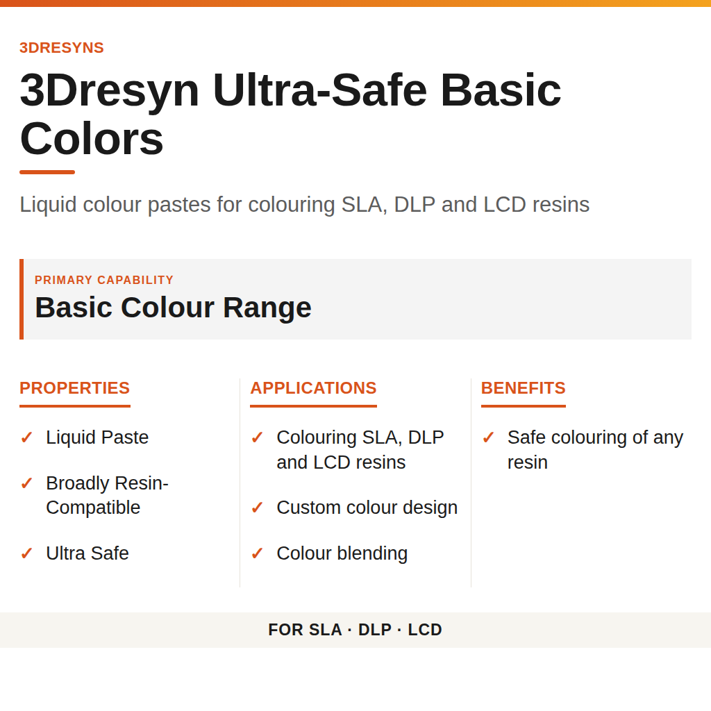 3Dresyn Ultra-Safe Basic Colors technical product information card by 3Dresyns