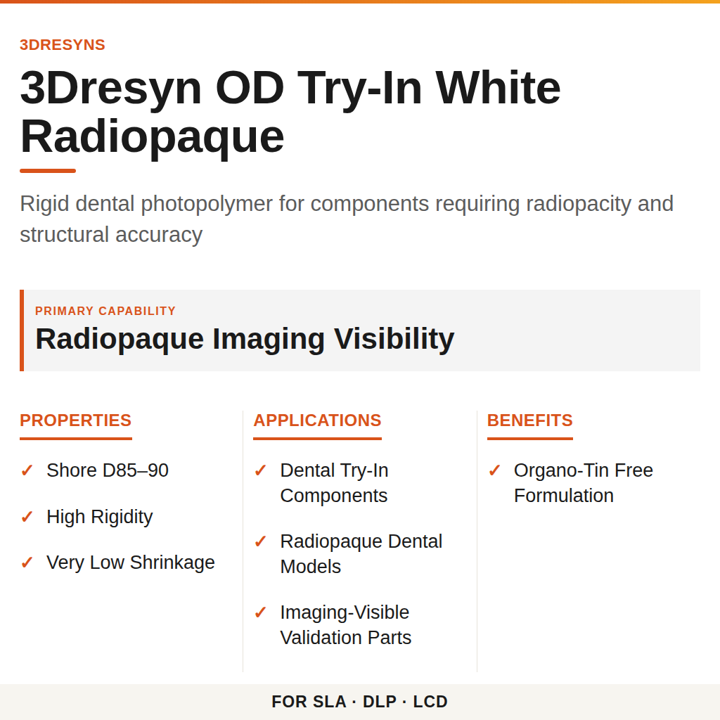 3Dresyn OD Try-In White Radiopaque technical product information card by 3Dresyns