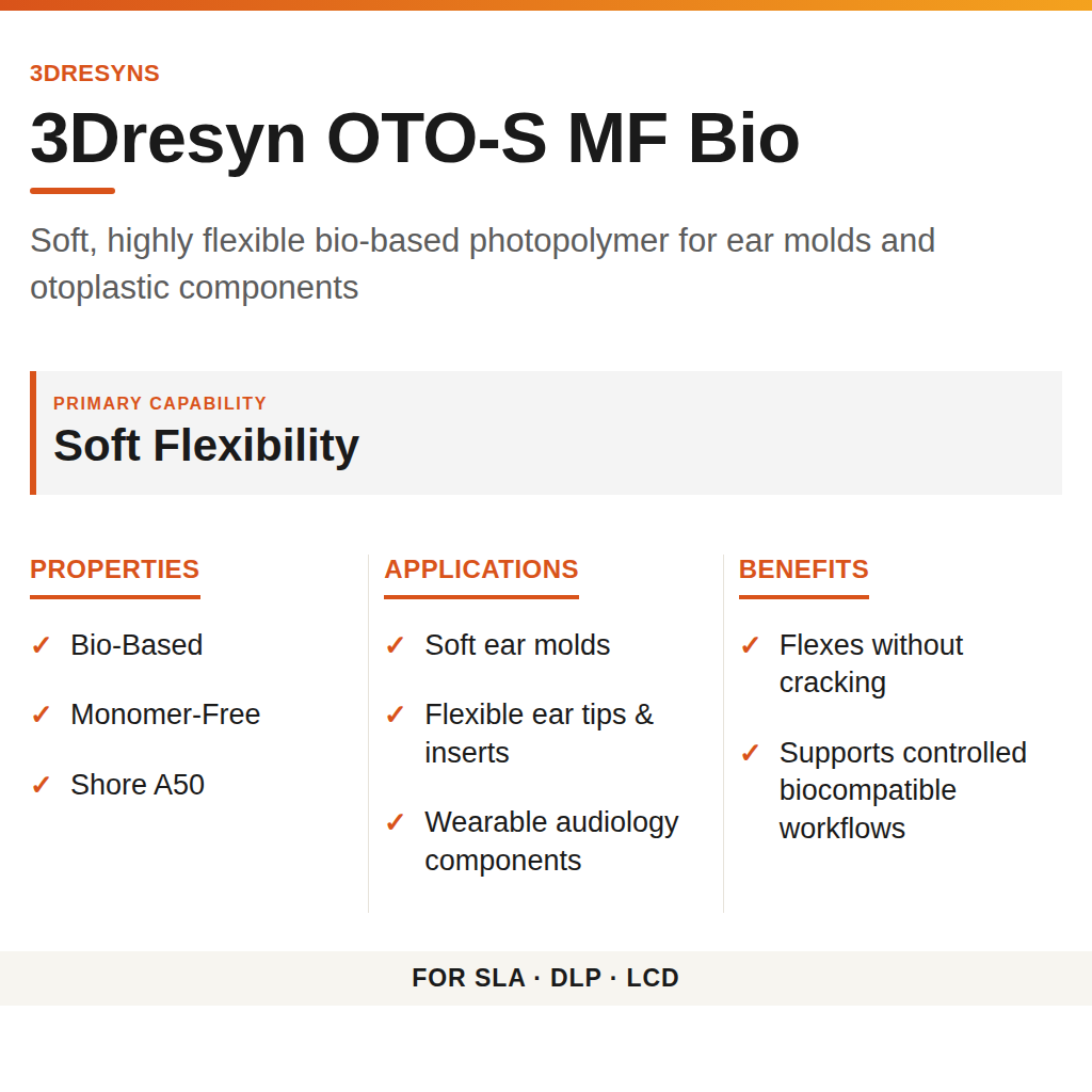 3Dresyn OTO-S MF Bio technical product information card by 3Dresyns