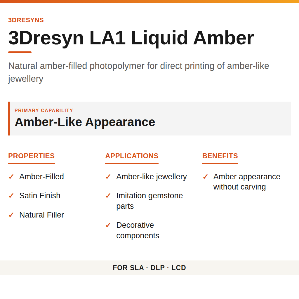 3Dresyn LA1 Liquid Amber technical product information card by 3Dresyns
