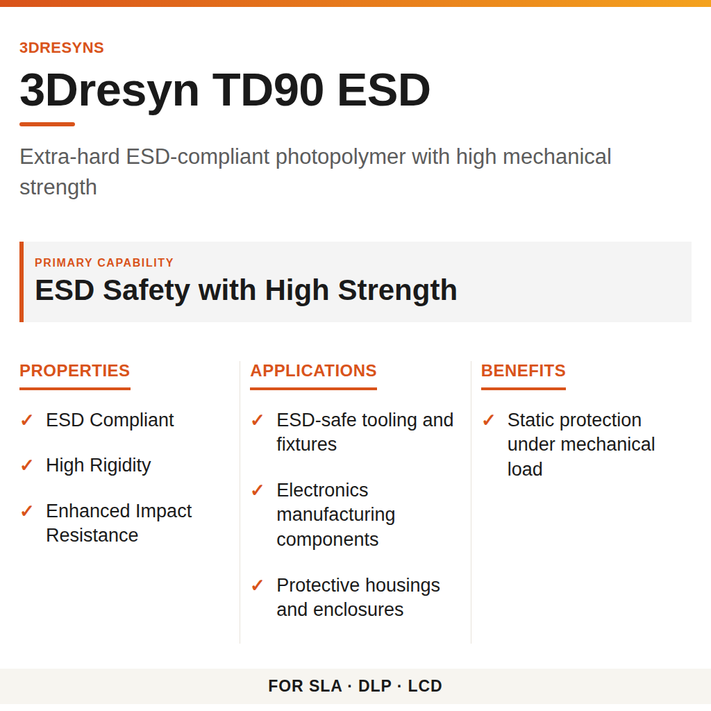 3Dresyn TD90 ESD technical product information card by 3Dresyns