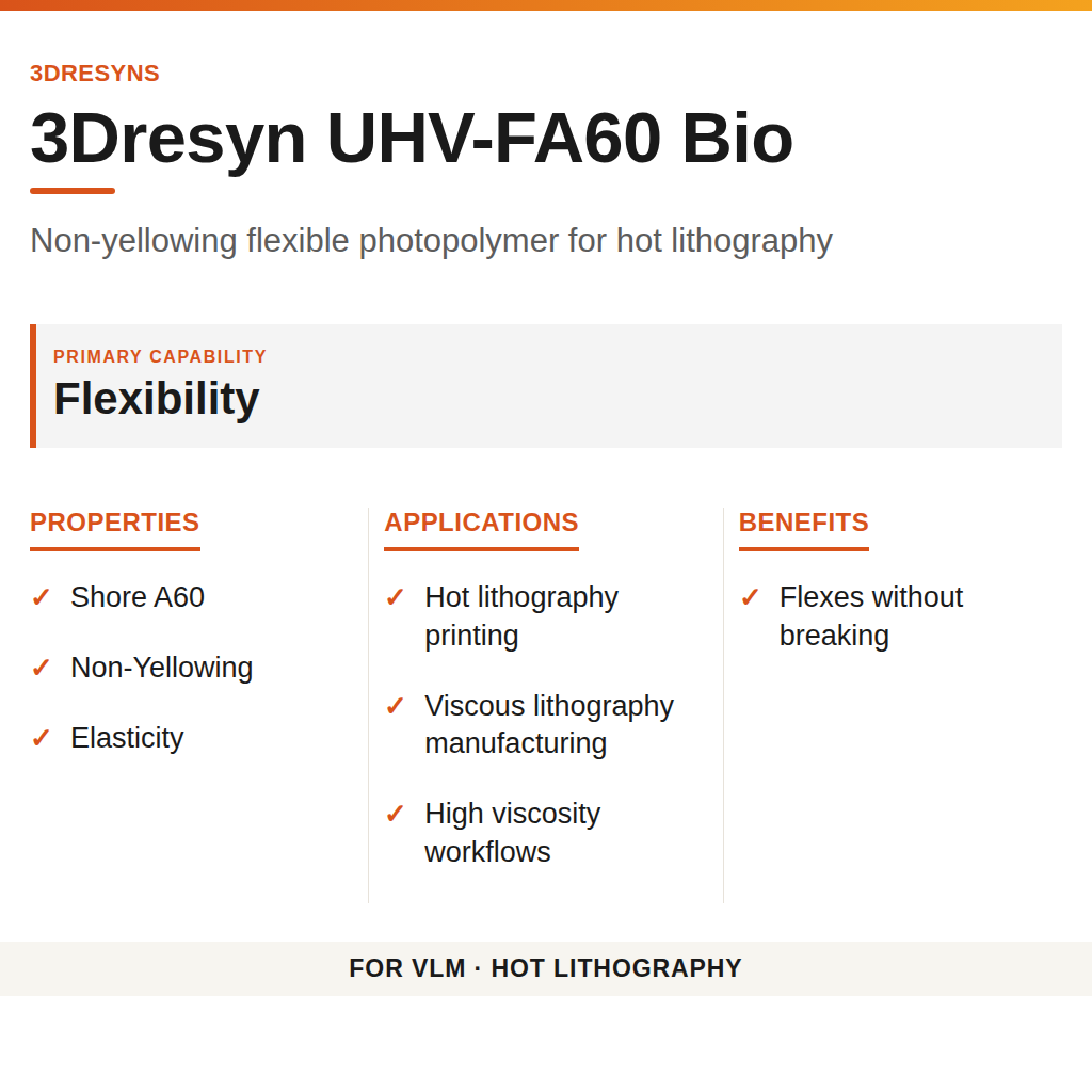 3Dresyn UHV-FA60 Bio technical product information card by 3Dresyns