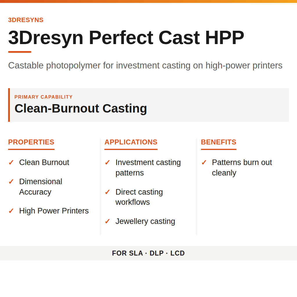 3Dresyn Perfect Cast HPP technical product information card by 3Dresyns