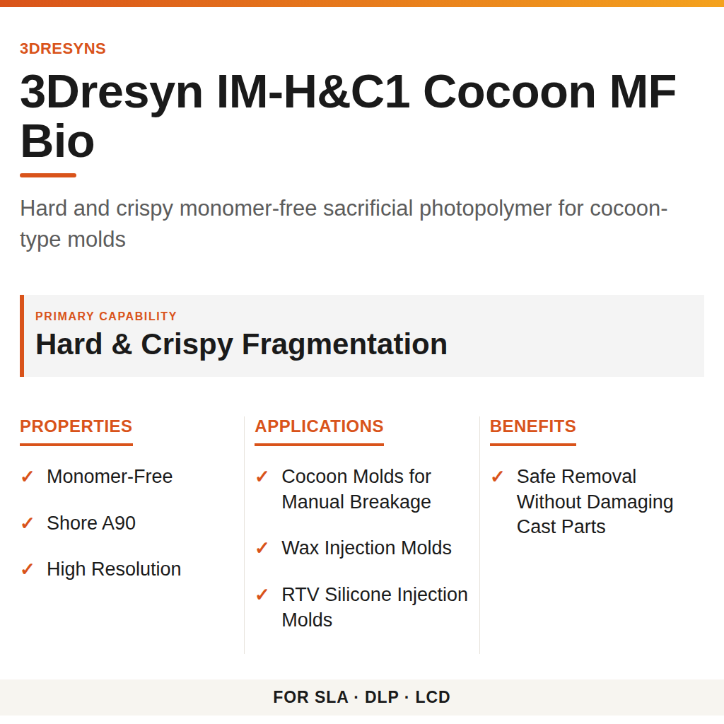 3Dresyn IM-H&C1 Cocoon MF Bio technical product information card by 3Dresyns