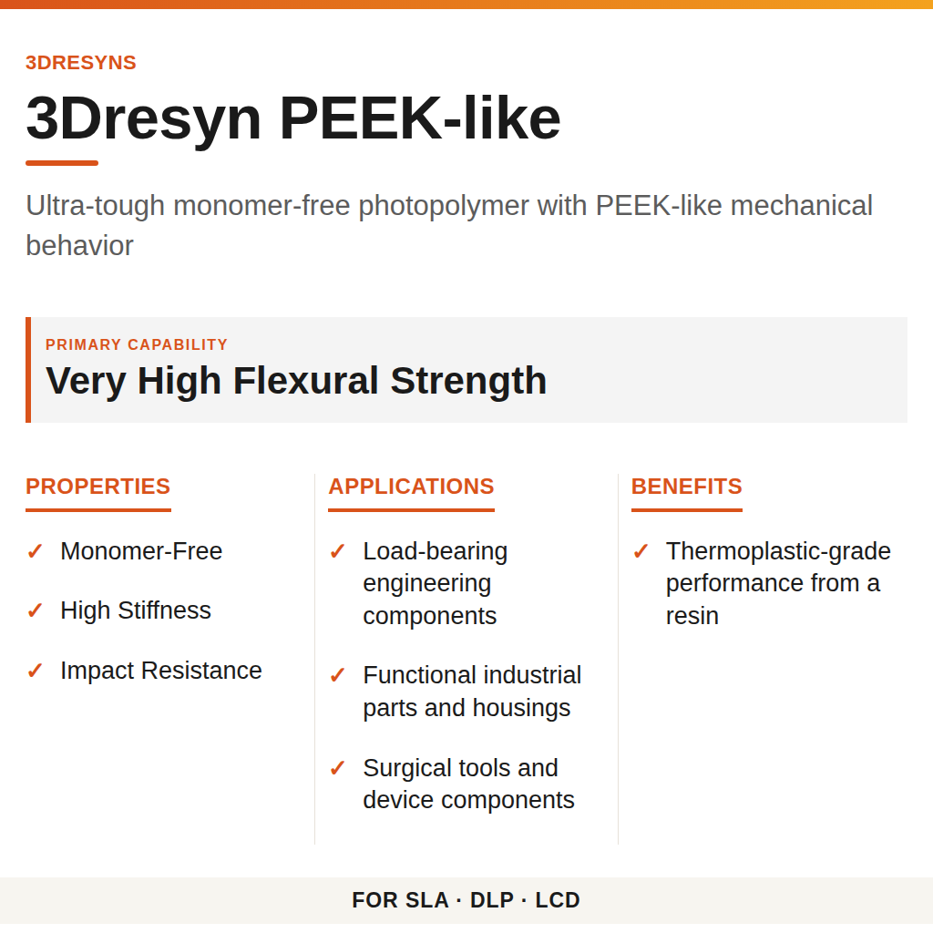 3Dresyn PEEK-like technical product information card by 3Dresyns