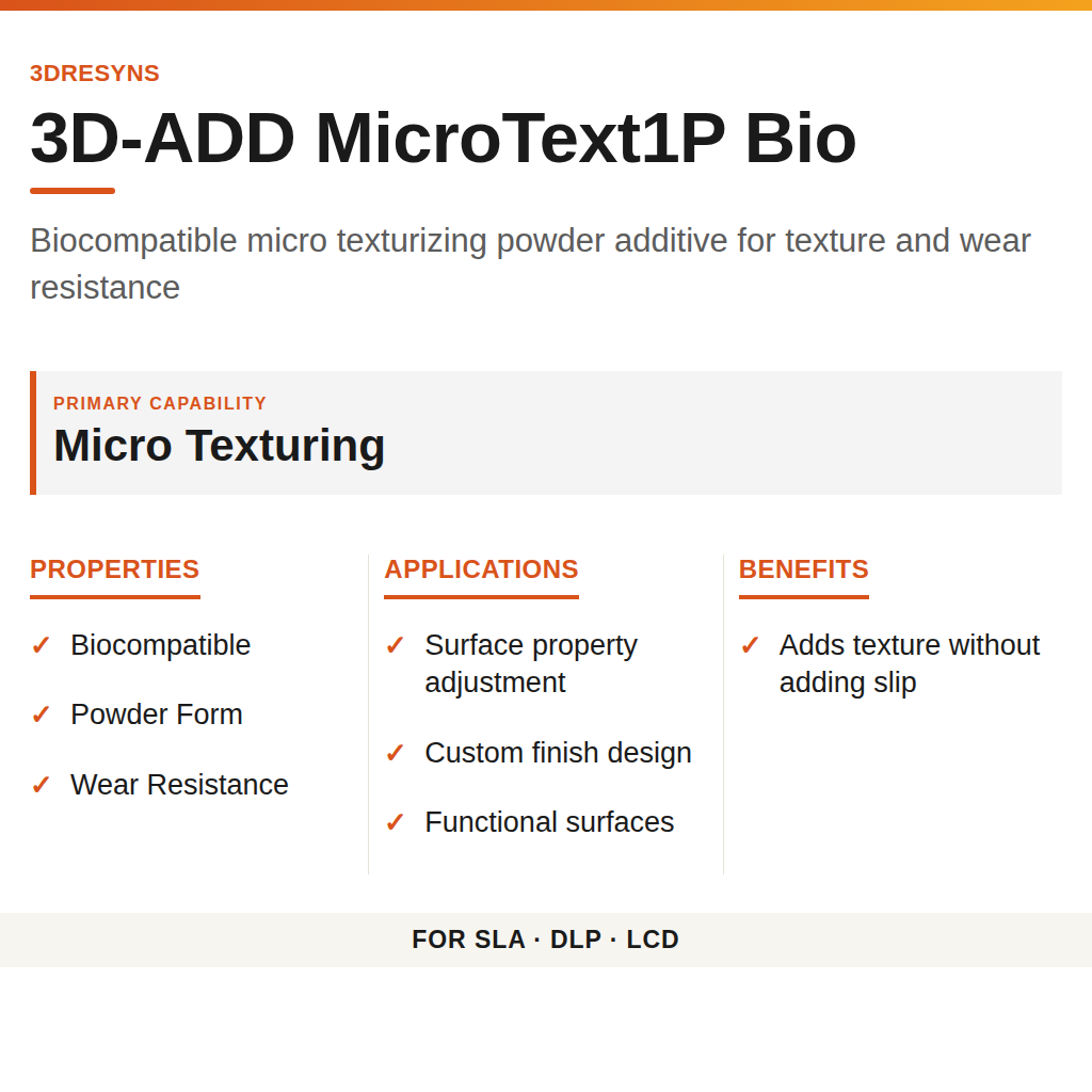 3D-ADD MicroText1P Bio technical product information card by 3Dresyns