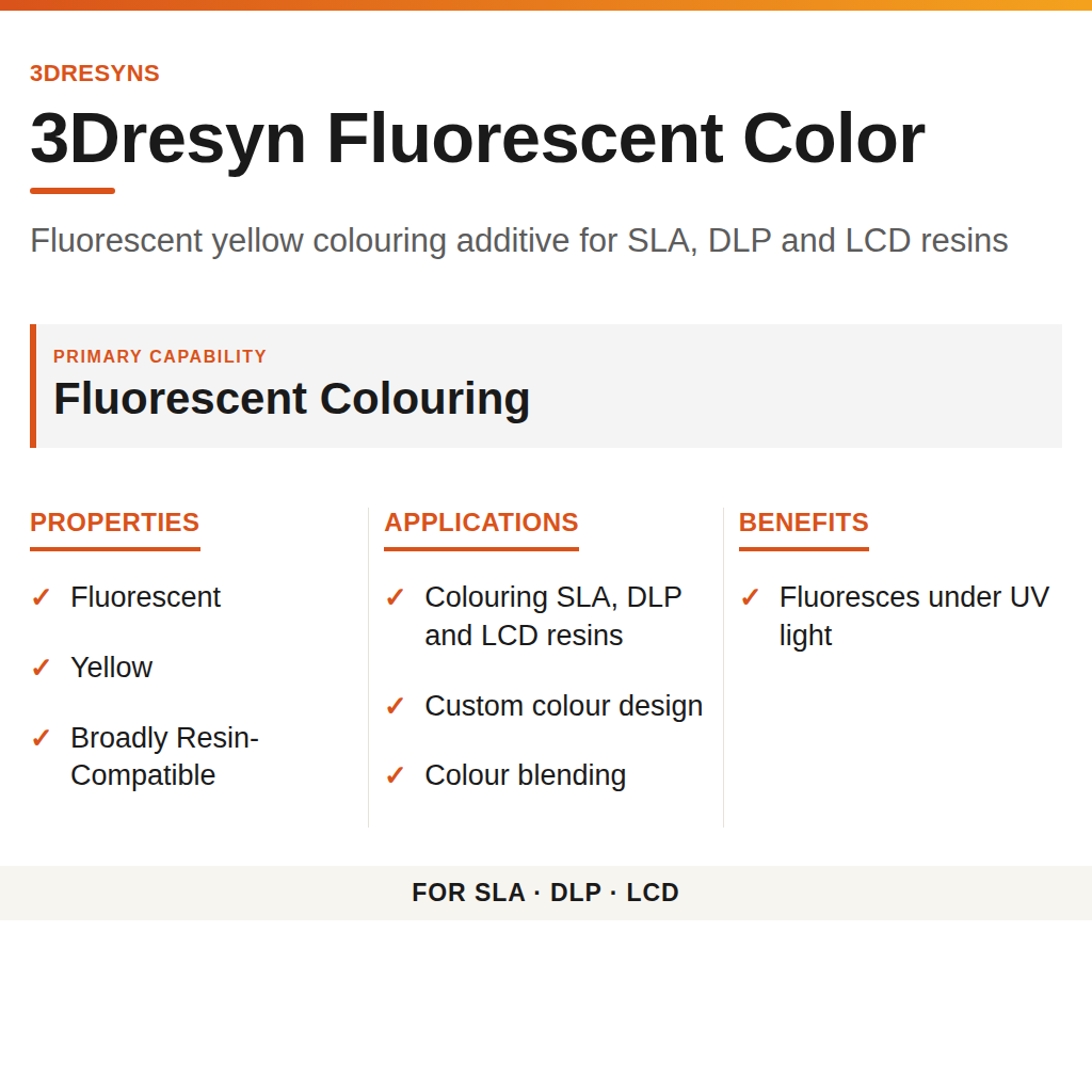 3Dresyn Fluorescent Color technical product information card by 3Dresyns