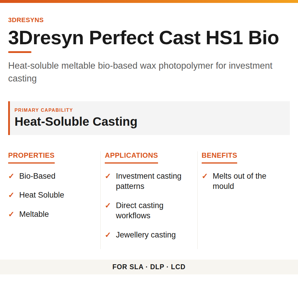 3Dresyn Perfect Cast HS1 Bio technical product information card by 3Dresyns